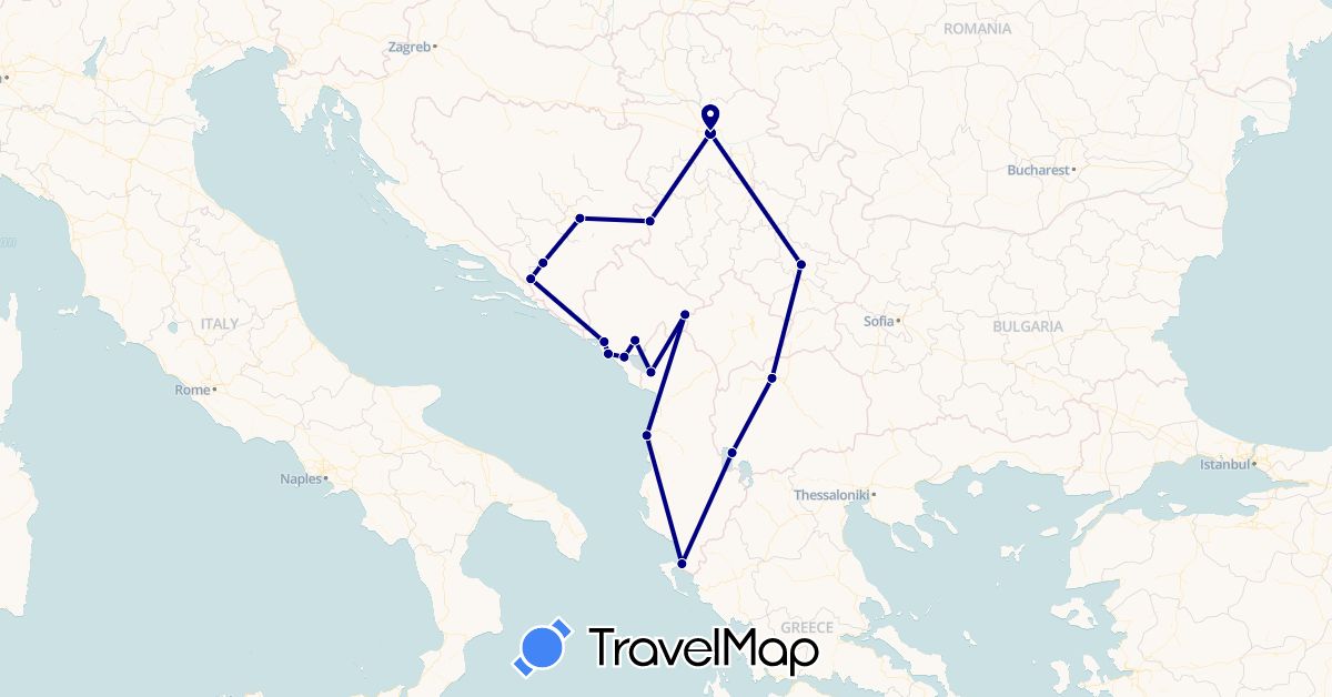 TravelMap itinerary: driving in Albania, Bosnia and Herzegovina, Montenegro, Macedonia, Serbia, Kosovo (Europe)